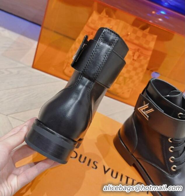 Low Cost Louis Vuitton Wonderland Flat Ranger Ankle Boots with LV Strap in Black Leather 912039