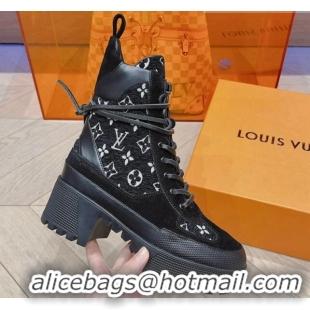 Top Grade Louis Vuitton Laureate Desert Lace-up Platform Ankle Boots 7cm in Monogram Fabric Black 912041