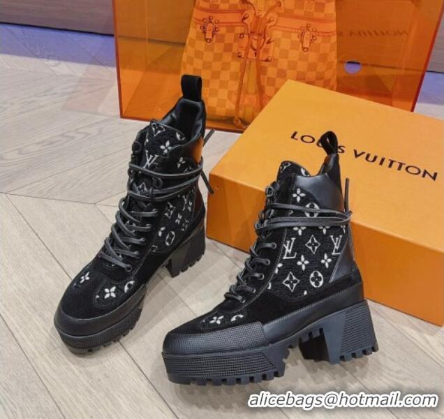 Top Grade Louis Vuitton Laureate Desert Lace-up Platform Ankle Boots 7cm in Monogram Fabric Black 912041