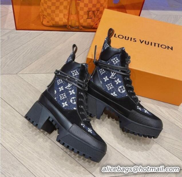 Good Quality Louis Vuitton Laureate Desert Lace-up Platform Ankle Boots 7cm in Monogram Denim 912042