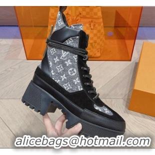 Unique Style Vuitton Laureate Desert Lace-up Platform Ankle Boots 7cm in Monogram Canvas Grey 912043