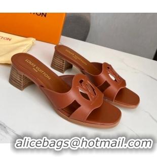 Good Product Louis Vuitton LV Isola Leather Heel Slide Sandals 4.5cm Dark Brown 915087