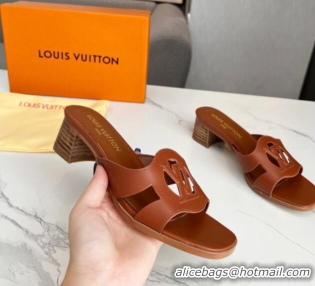 Good Product Louis Vuitton LV Isola Leather Heel Slide Sandals 4.5cm Dark Brown 915087