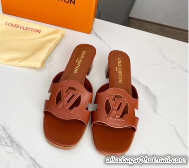 Good Product Louis Vuitton LV Isola Leather Heel Slide Sandals 4.5cm Dark Brown 915087