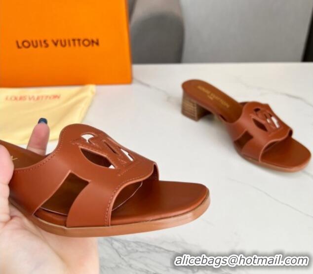 Good Product Louis Vuitton LV Isola Leather Heel Slide Sandals 4.5cm Dark Brown 915087