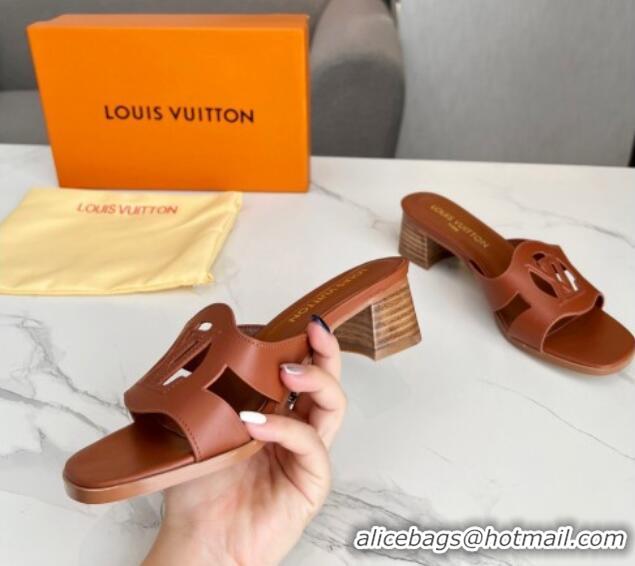 Good Product Louis Vuitton LV Isola Leather Heel Slide Sandals 4.5cm Dark Brown 915087