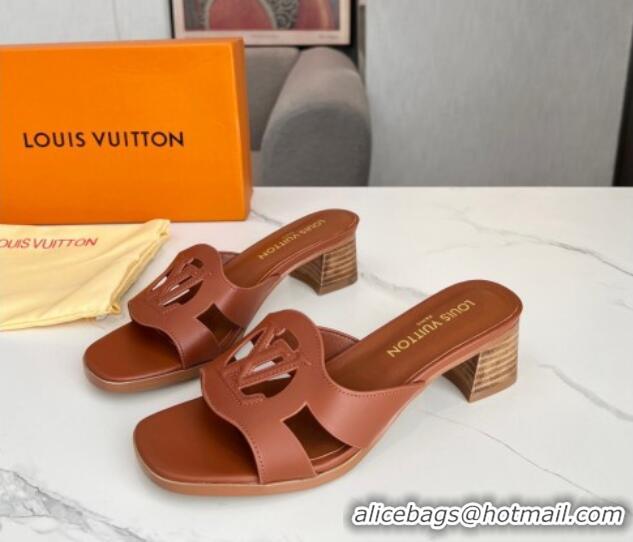 Good Product Louis Vuitton LV Isola Leather Heel Slide Sandals 4.5cm Dark Brown 915087