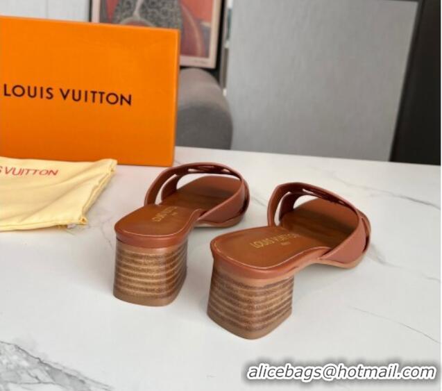 Good Product Louis Vuitton LV Isola Leather Heel Slide Sandals 4.5cm Dark Brown 915087