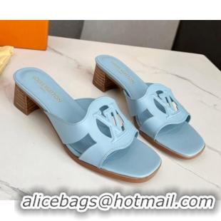 Grade Quality Louis Vuitton LV Isola Leather Heel Slide Sandals 4.5cm Light Blue 915088