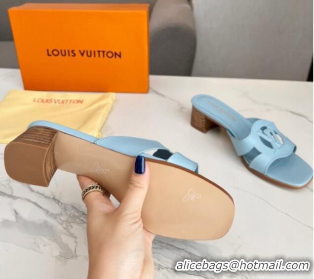 Grade Quality Louis Vuitton LV Isola Leather Heel Slide Sandals 4.5cm Light Blue 915088