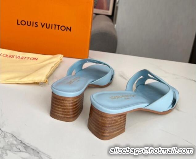 Grade Quality Louis Vuitton LV Isola Leather Heel Slide Sandals 4.5cm Light Blue 915088