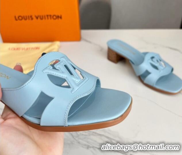 Grade Quality Louis Vuitton LV Isola Leather Heel Slide Sandals 4.5cm Light Blue 915088