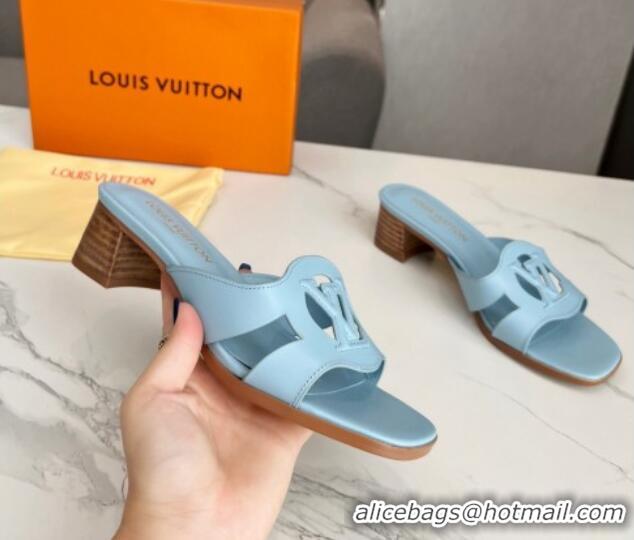 Grade Quality Louis Vuitton LV Isola Leather Heel Slide Sandals 4.5cm Light Blue 915088