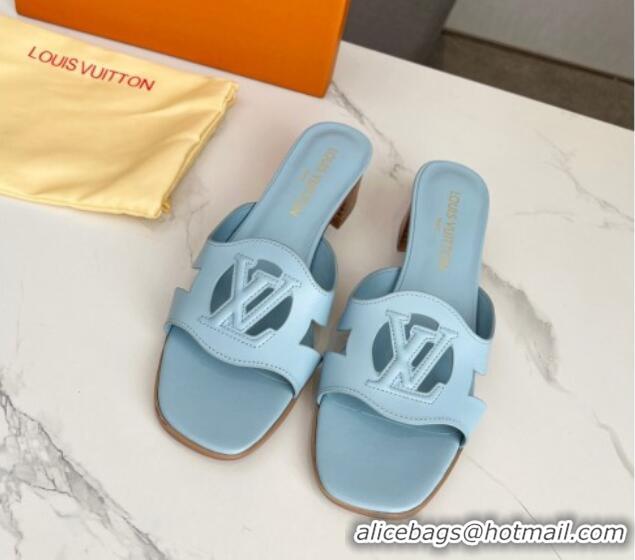 Grade Quality Louis Vuitton LV Isola Leather Heel Slide Sandals 4.5cm Light Blue 915088