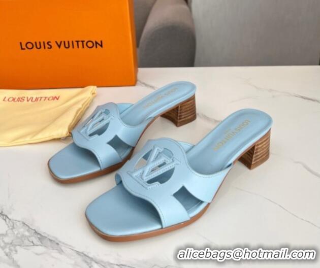 Grade Quality Louis Vuitton LV Isola Leather Heel Slide Sandals 4.5cm Light Blue 915088