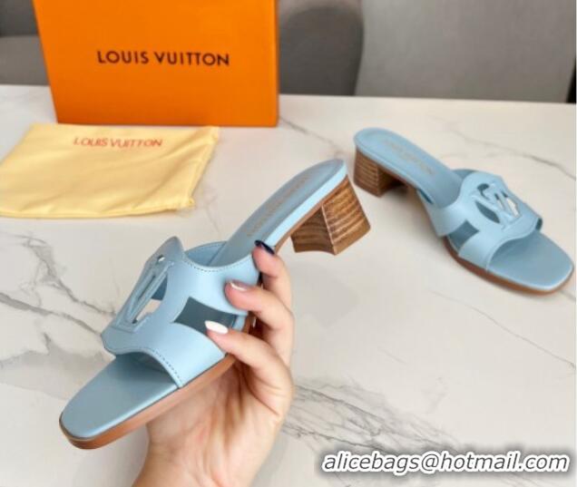 Grade Quality Louis Vuitton LV Isola Leather Heel Slide Sandals 4.5cm Light Blue 915088