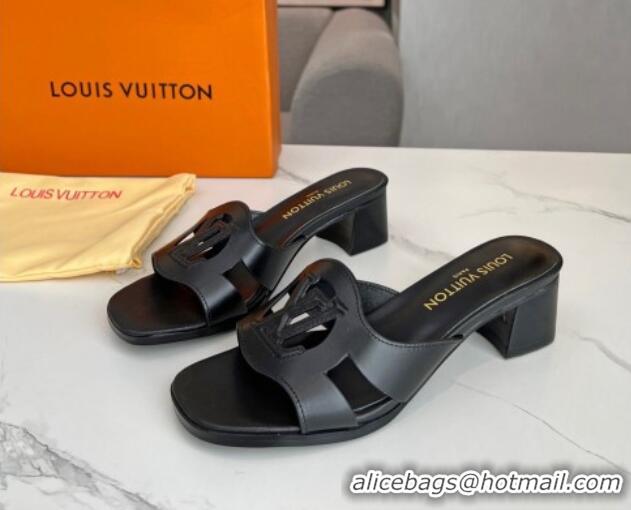 Best Grade Louis Vuitton LV Isola Leather Heel Slide Sandals 4.5cm Black 915090