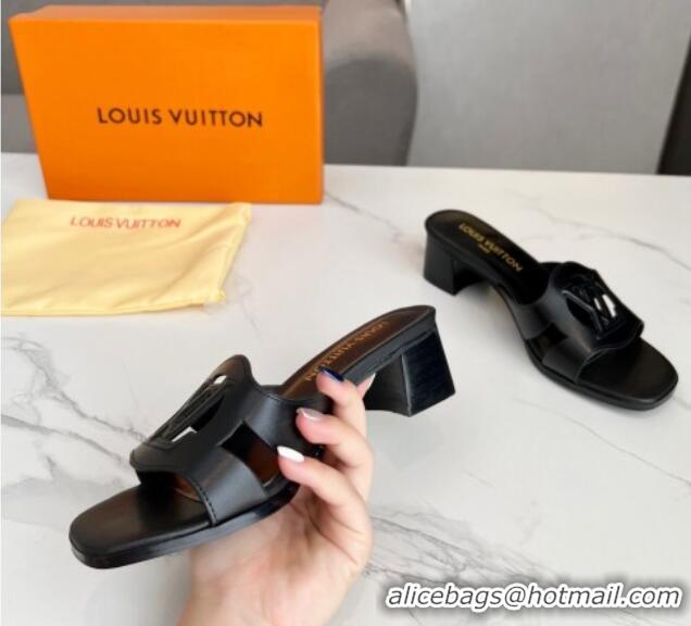 Best Grade Louis Vuitton LV Isola Leather Heel Slide Sandals 4.5cm Black 915090