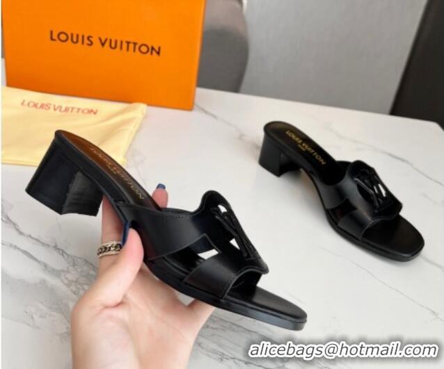 Best Grade Louis Vuitton LV Isola Leather Heel Slide Sandals 4.5cm Black 915090