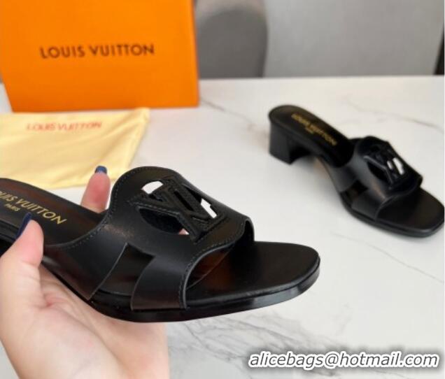 Best Grade Louis Vuitton LV Isola Leather Heel Slide Sandals 4.5cm Black 915090