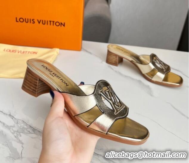 Good Looking Louis Vuitton LV Isola Leather Heel Slide Sandals 4.5cm Gold 915092