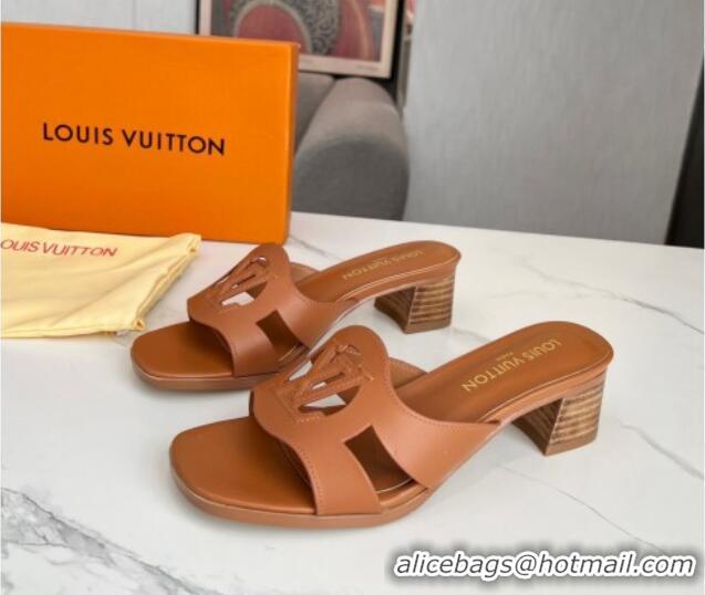 Sumptuous Louis Vuitton LV Isola Leather Heel Slide Sandals 4.5cm with LV Circle Tan Brown 918047