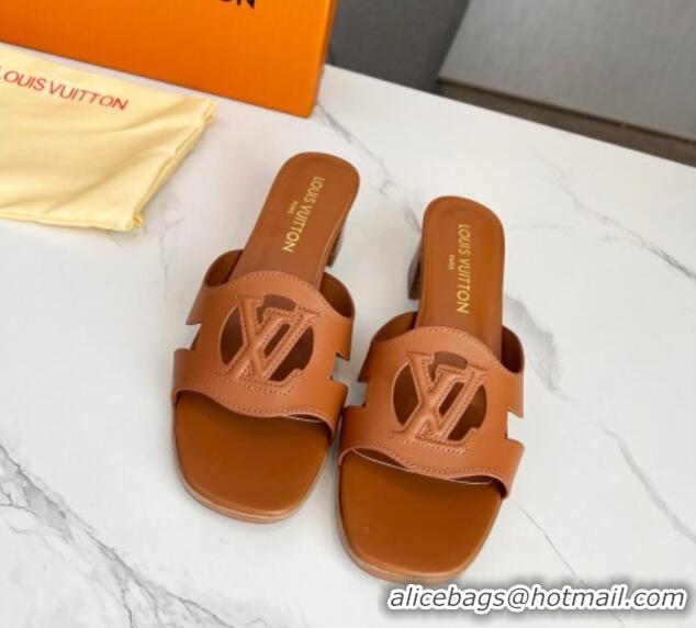 Sumptuous Louis Vuitton LV Isola Leather Heel Slide Sandals 4.5cm with LV Circle Tan Brown 918047