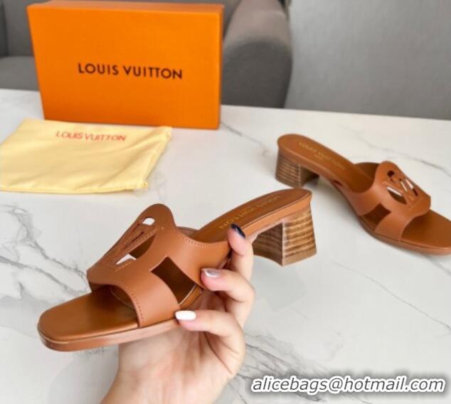 Sumptuous Louis Vuitton LV Isola Leather Heel Slide Sandals 4.5cm with LV Circle Tan Brown 918047