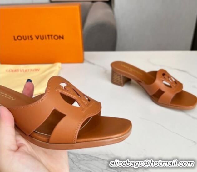 Sumptuous Louis Vuitton LV Isola Leather Heel Slide Sandals 4.5cm with LV Circle Tan Brown 918047