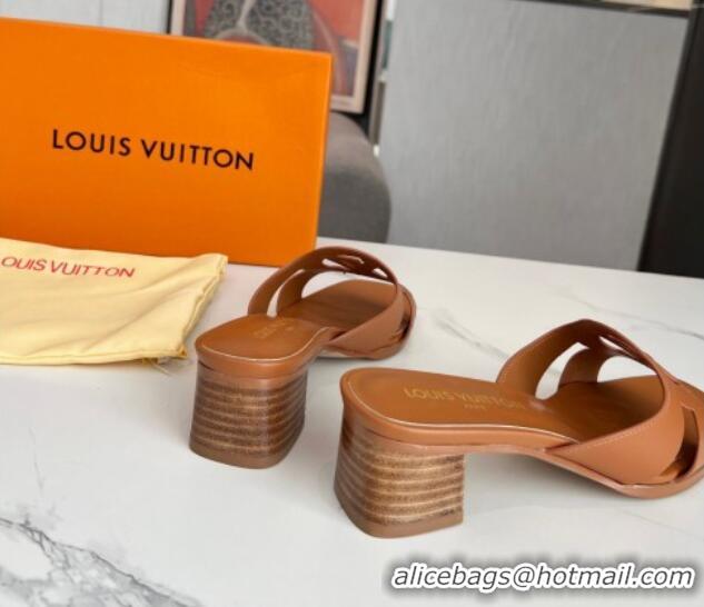 Sumptuous Louis Vuitton LV Isola Leather Heel Slide Sandals 4.5cm with LV Circle Tan Brown 918047