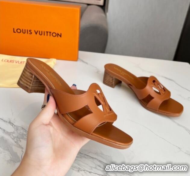 Sumptuous Louis Vuitton LV Isola Leather Heel Slide Sandals 4.5cm with LV Circle Tan Brown 918047