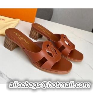 Super Quality Louis Vuitton LV Isola Leather Heel Slide Sandals 4.5cm with LV Circle Dark Brown 918049