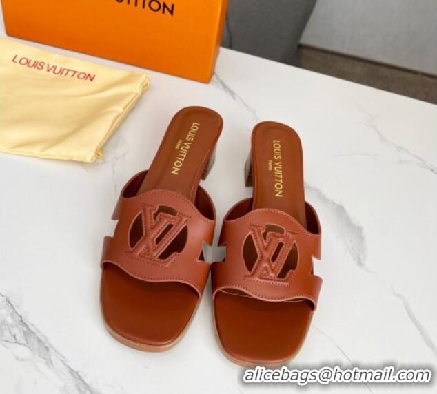 Super Quality Louis Vuitton LV Isola Leather Heel Slide Sandals 4.5cm with LV Circle Dark Brown 918049