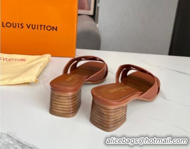 Super Quality Louis Vuitton LV Isola Leather Heel Slide Sandals 4.5cm with LV Circle Dark Brown 918049