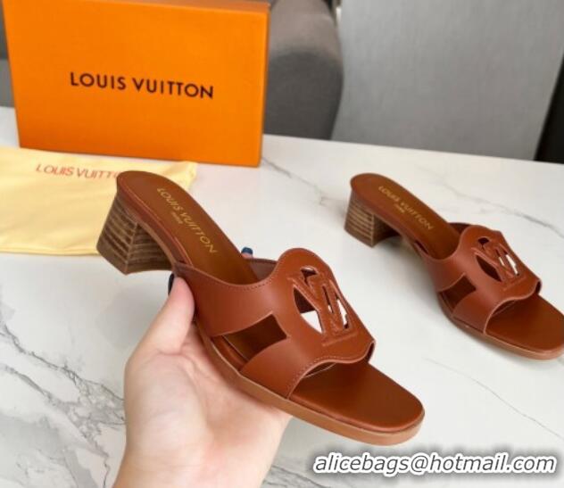 Super Quality Louis Vuitton LV Isola Leather Heel Slide Sandals 4.5cm with LV Circle Dark Brown 918049