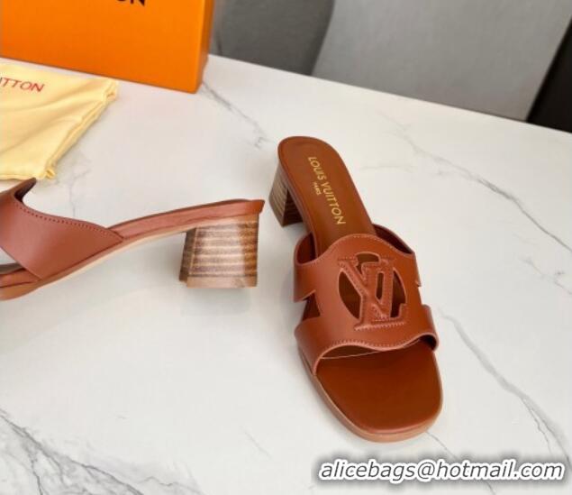 Super Quality Louis Vuitton LV Isola Leather Heel Slide Sandals 4.5cm with LV Circle Dark Brown 918049