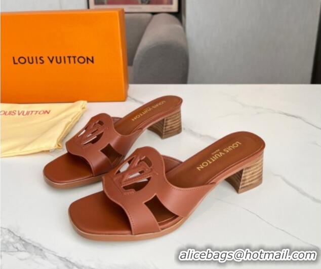 Super Quality Louis Vuitton LV Isola Leather Heel Slide Sandals 4.5cm with LV Circle Dark Brown 918049