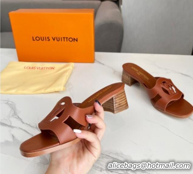 Super Quality Louis Vuitton LV Isola Leather Heel Slide Sandals 4.5cm with LV Circle Dark Brown 918049