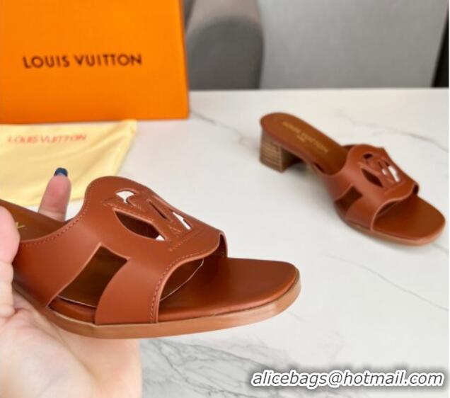 Super Quality Louis Vuitton LV Isola Leather Heel Slide Sandals 4.5cm with LV Circle Dark Brown 918049