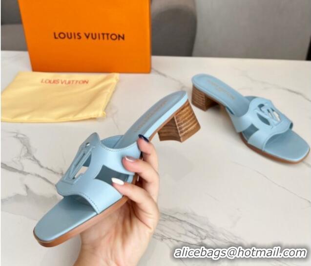 Best Product Louis Vuitton LV Isola Leather Heel Slide Sandals 4.5cm with LV Circle Light Blue 918050