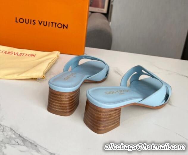 Best Product Louis Vuitton LV Isola Leather Heel Slide Sandals 4.5cm with LV Circle Light Blue 918050