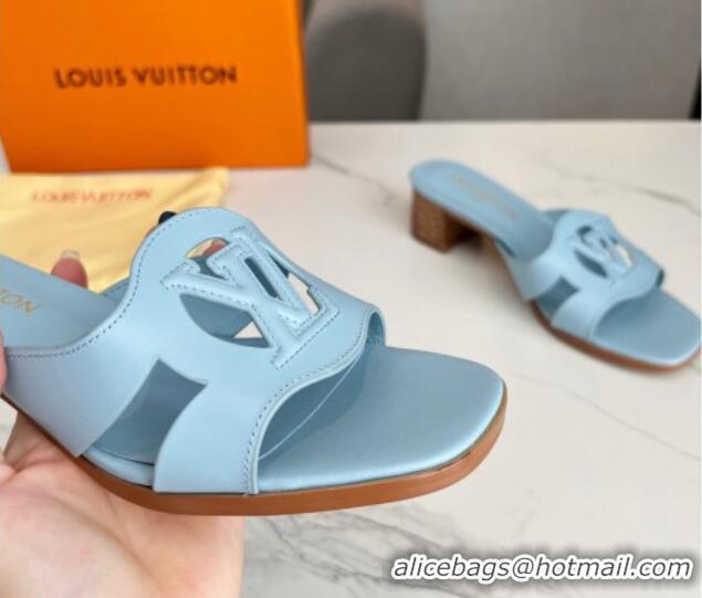 Best Product Louis Vuitton LV Isola Leather Heel Slide Sandals 4.5cm with LV Circle Light Blue 918050