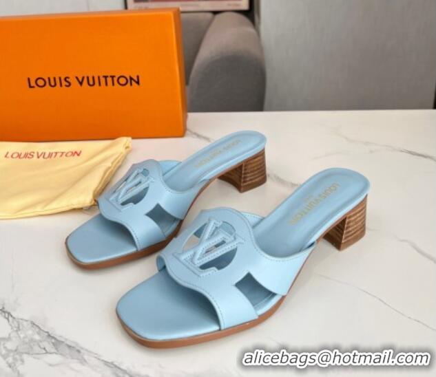 Best Product Louis Vuitton LV Isola Leather Heel Slide Sandals 4.5cm with LV Circle Light Blue 918050