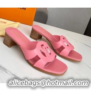 Popular Style Louis Vuitton LV Isola Leather Heel Slide Sandals 4.5cm with LV Circle Pink 918051