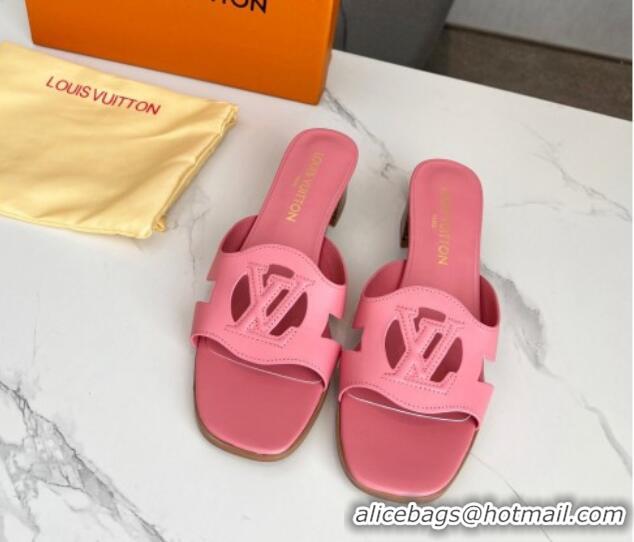 Popular Style Louis Vuitton LV Isola Leather Heel Slide Sandals 4.5cm with LV Circle Pink 918051