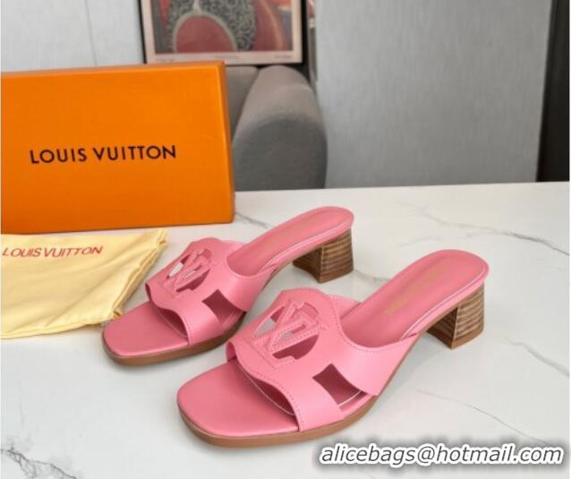 Popular Style Louis Vuitton LV Isola Leather Heel Slide Sandals 4.5cm with LV Circle Pink 918051