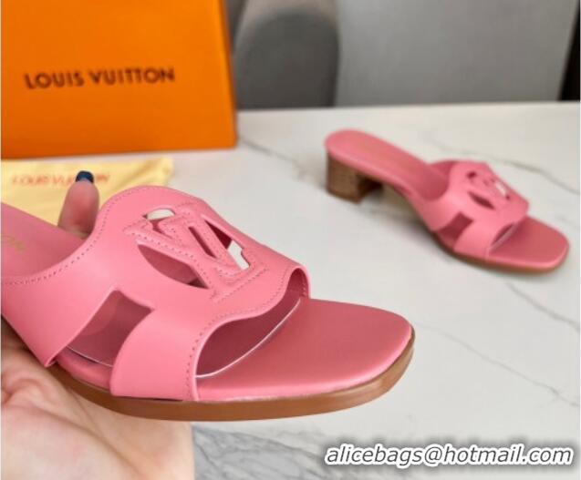 Popular Style Louis Vuitton LV Isola Leather Heel Slide Sandals 4.5cm with LV Circle Pink 918051