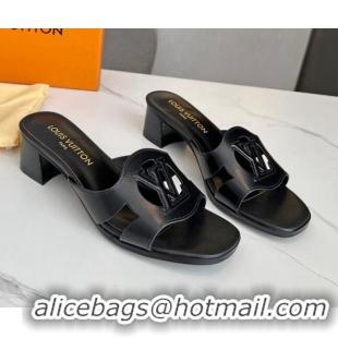 Charming Louis Vuitton LV Isola Leather Heel Slide Sandals 4.5cm with LV Circle Black 918052