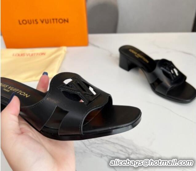 Charming Louis Vuitton LV Isola Leather Heel Slide Sandals 4.5cm with LV Circle Black 918052