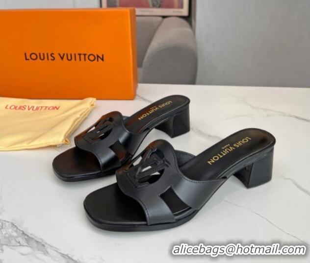 Charming Louis Vuitton LV Isola Leather Heel Slide Sandals 4.5cm with LV Circle Black 918052